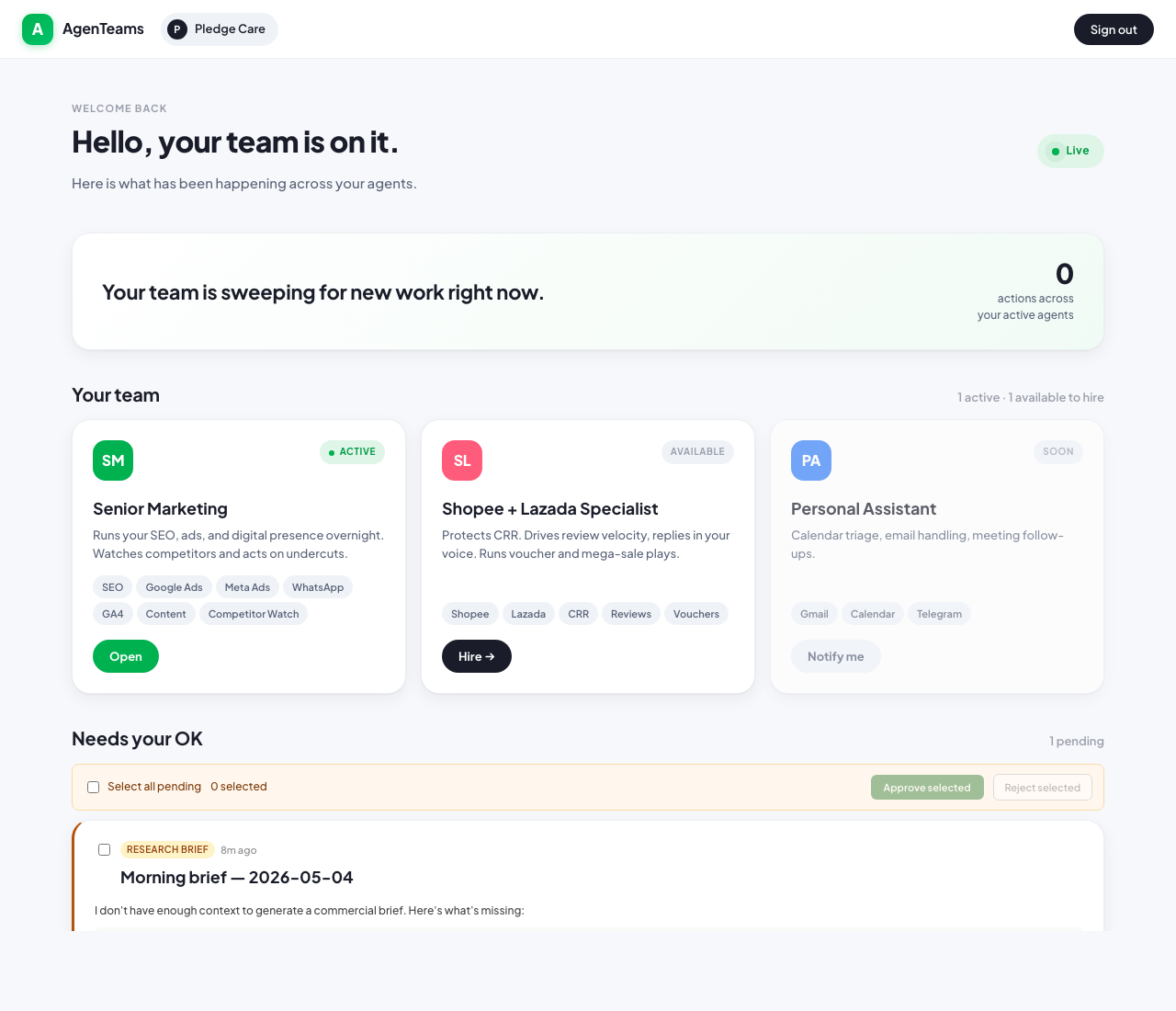 AgenTeams cockpit showing a workspace with active AI workers, a live status pill, agent cards, and an approval queue.